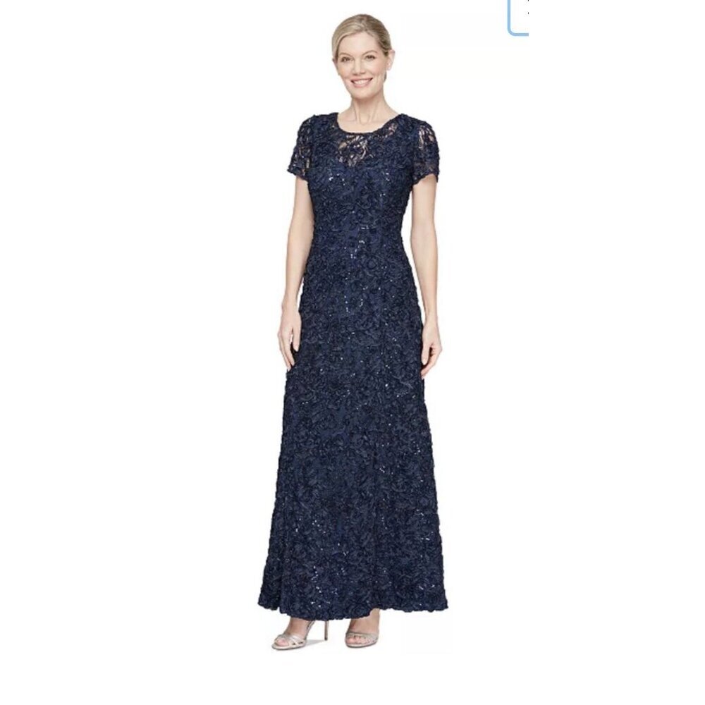 Alex Evenings Womens Formal Dress Size 16 Blue Soutache Lace Rosettes Sequin